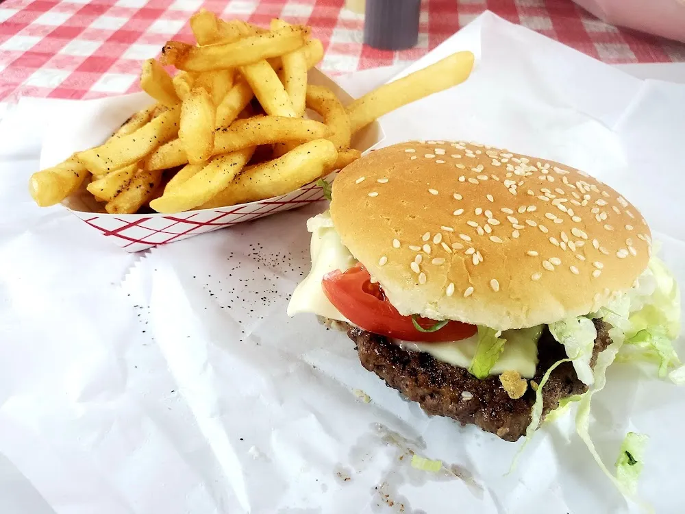 Hamburger with Swiss and French Fries